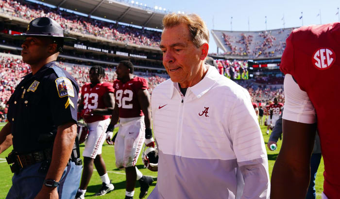 Alabama Crimson Tide HC Nick Saban after a win over Arkansas. (Photo by John David Mercer of USA Today Sports)